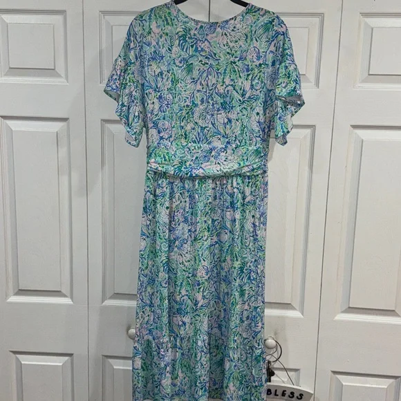 lilly pulitzer jessi midi dress Lilly Pulitzer SMALL Jessi Midi Dress Peony For Your Thoughts Pink Blue Floral